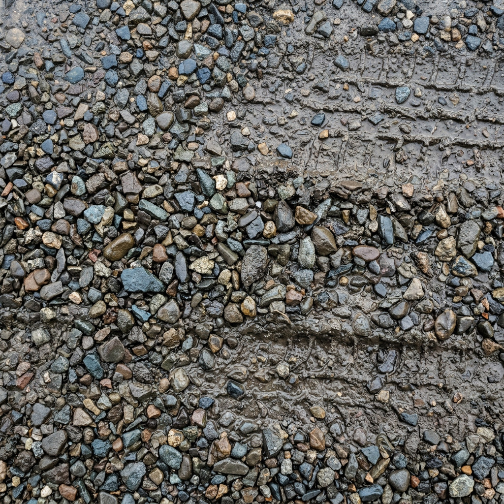 A wet gravel road surface pressed into ruts