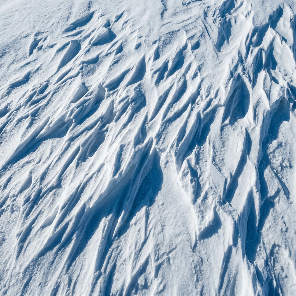 Wind carved snow crust in low sunlight, ridges throwing blue shadow