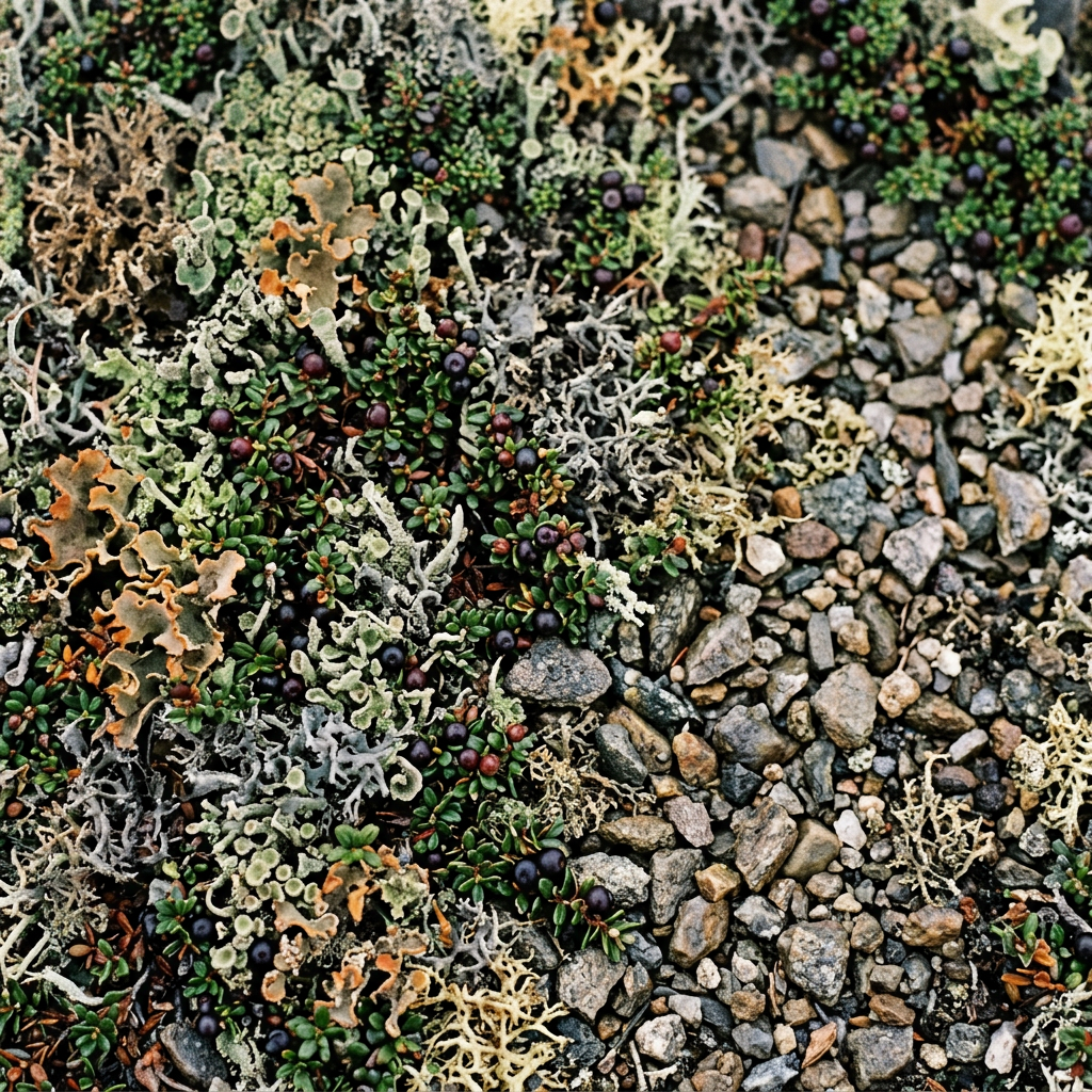 Arctic tundra close up, lichen and low berry plants over bare gravel