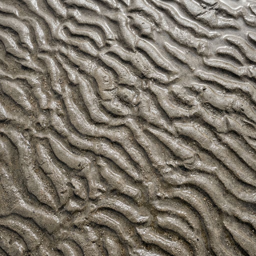 Rippled wet sand at low tide under a thin film of water